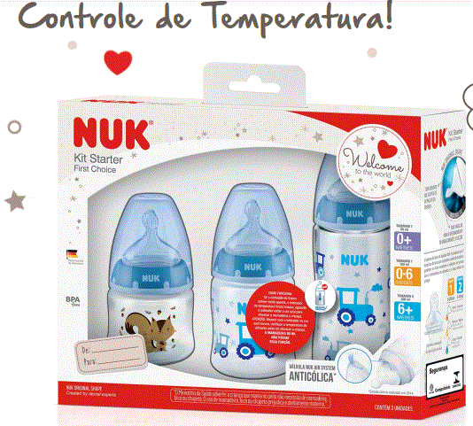 Kit 3 Mamadeira Nuk Com Controle de Temperatura 0 a +6M Carrinho Azul