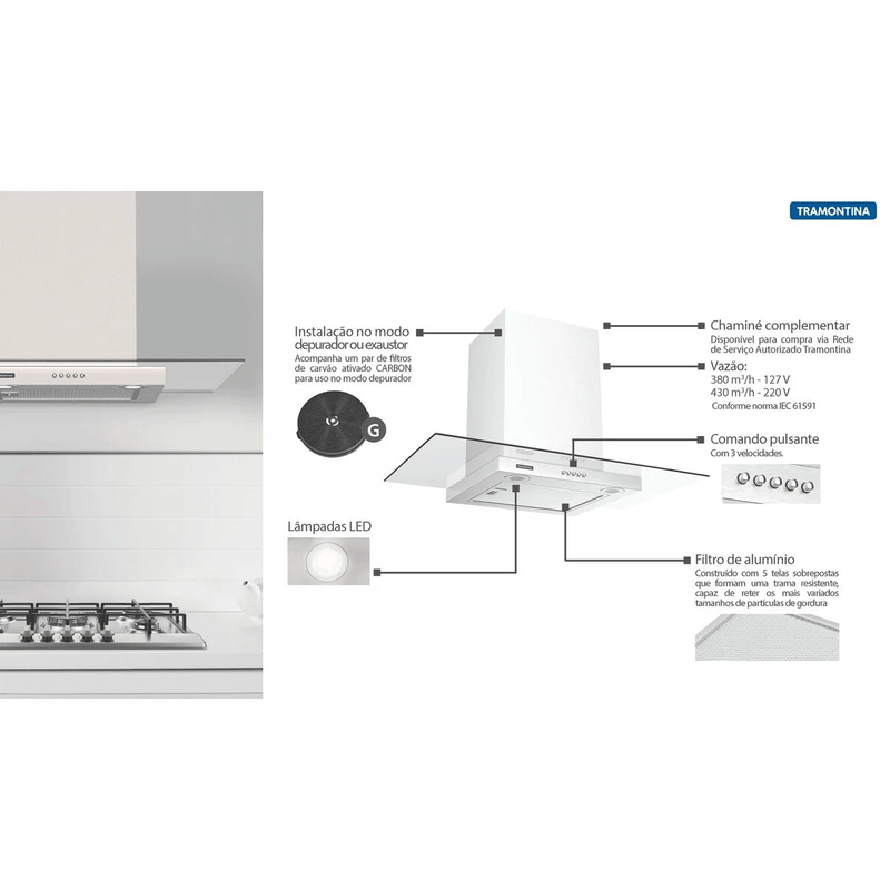 Coifa de Parede Tramontina Basic 90 em Aço Inox 220V