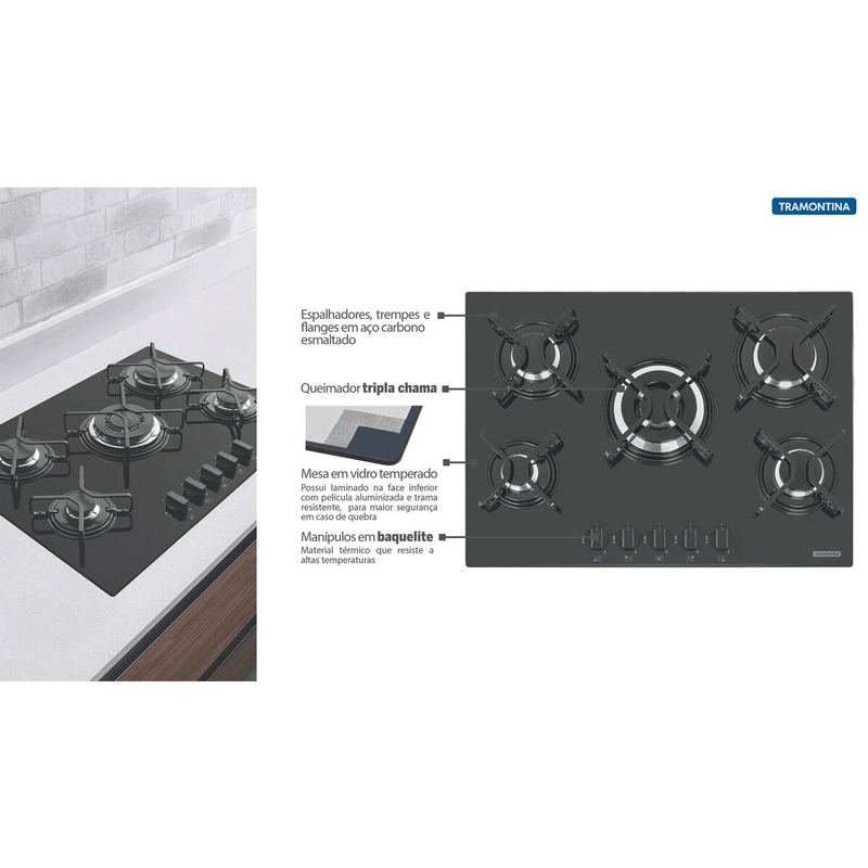 Cooktop a Gás Glass Penta 5GG Tri70
