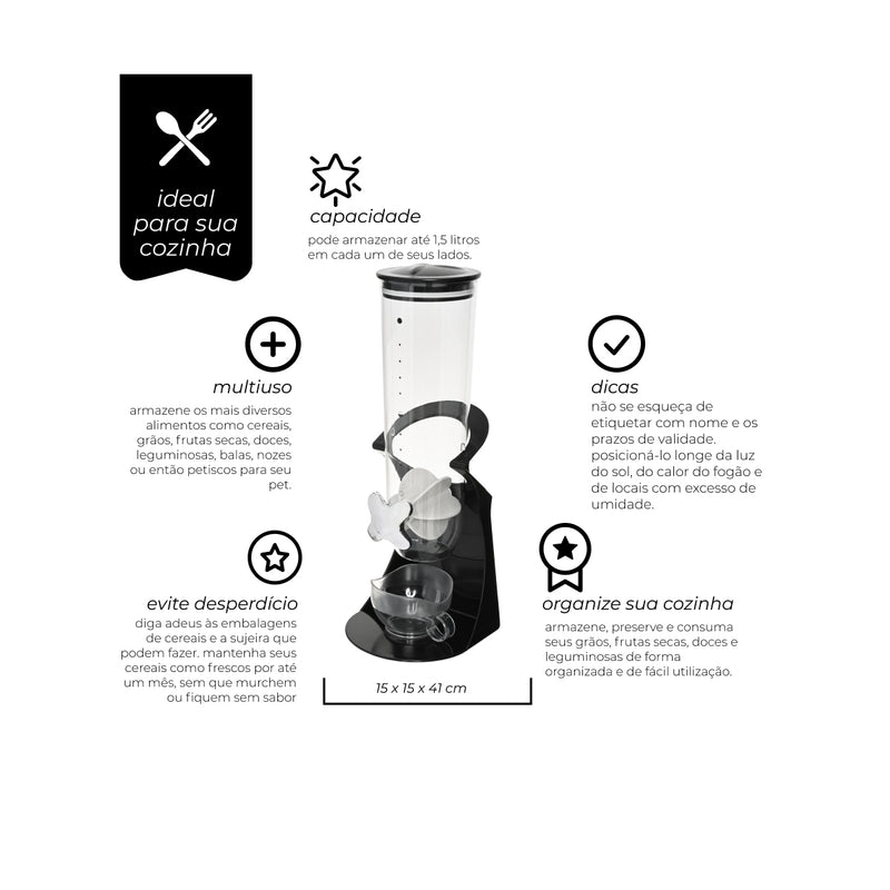 Dispenser de Cereais Redondo Base Preta 1,5L Mimo Style