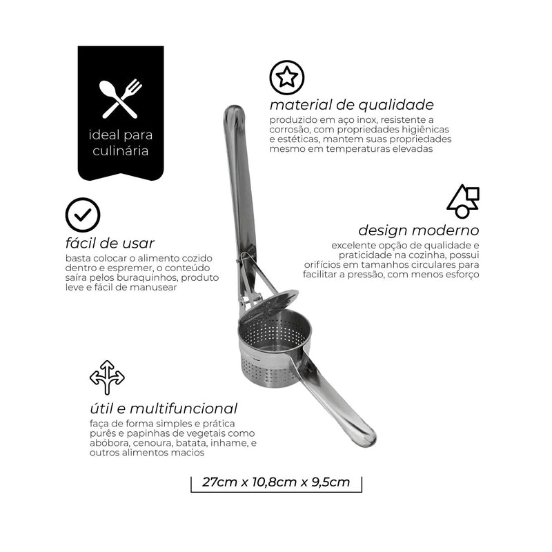 Espremedor Amassador de Batata em Inox Prata Mimo Style