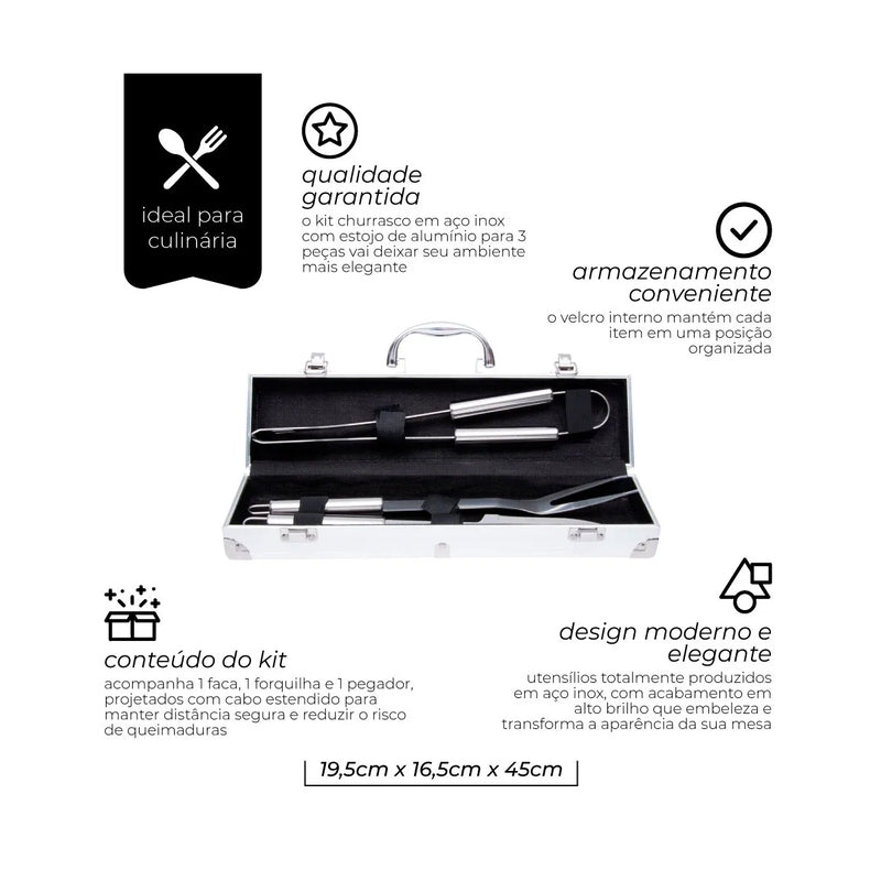 Jogo para Churrasco 3 Peças Aço Inox com Maleta Mimo Style