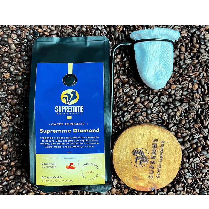Kit Presente Café Supremme Diamond Moído 250gr + Coador Pano