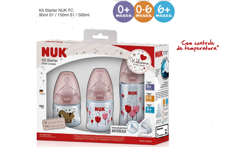 Kit 3 Mamadeira NukControle de Temperatura 0 a +6 Meses Flores Rosa