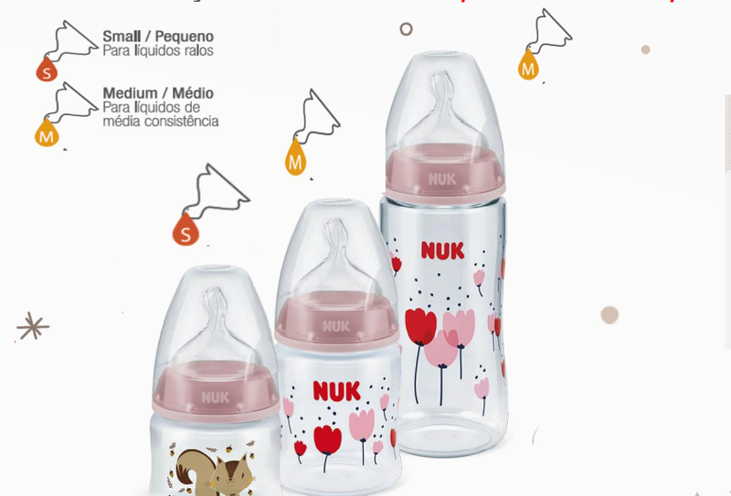 Kit 3 Mamadeira NukControle de Temperatura 0 a +6 Meses Flores Rosa