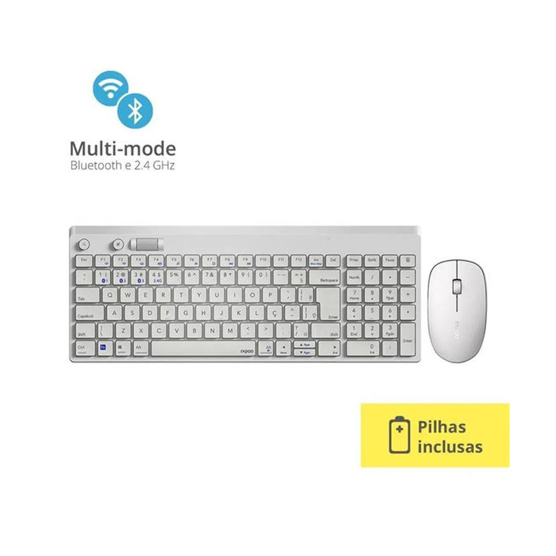 Teclado E Mouse Rapoo Bluetooth + 2.4 Ghz White Garantia 5Anos Com Pilha - 8050T - RA004